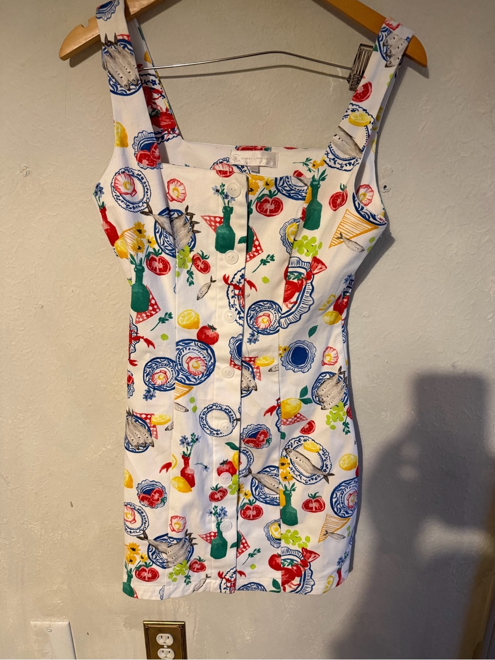 White Cotton One-Piece Dress with Colorful Fruit & Plate Print